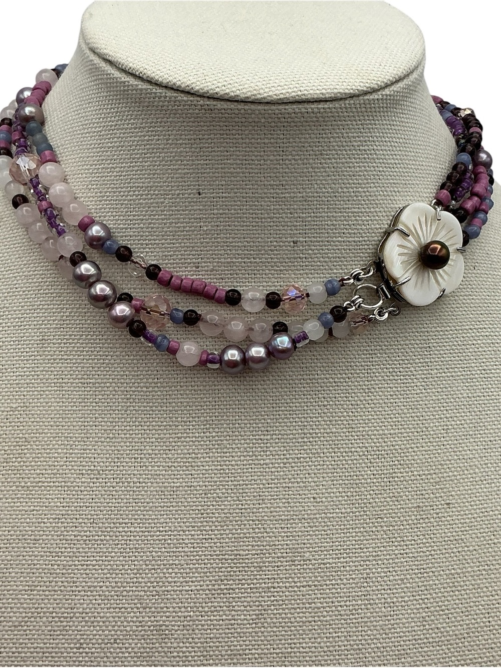 Multistrand Pink and Purple Beaded Necklace with Floral Clasp
